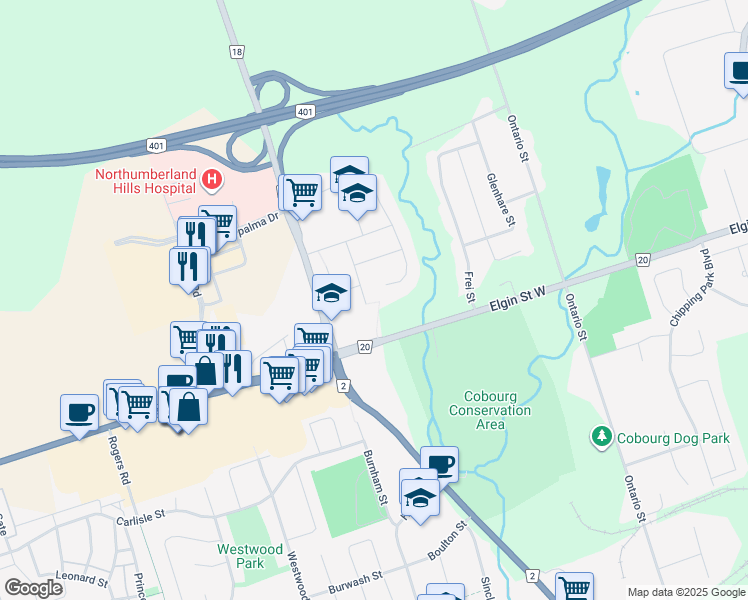 map of restaurants, bars, coffee shops, grocery stores, and more near 960 Fraser Court in Cobourg