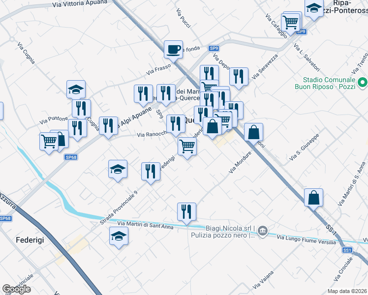 map of restaurants, bars, coffee shops, grocery stores, and more near Via Fortunato Federigi in Ripa- Pozzi-Ponterosso