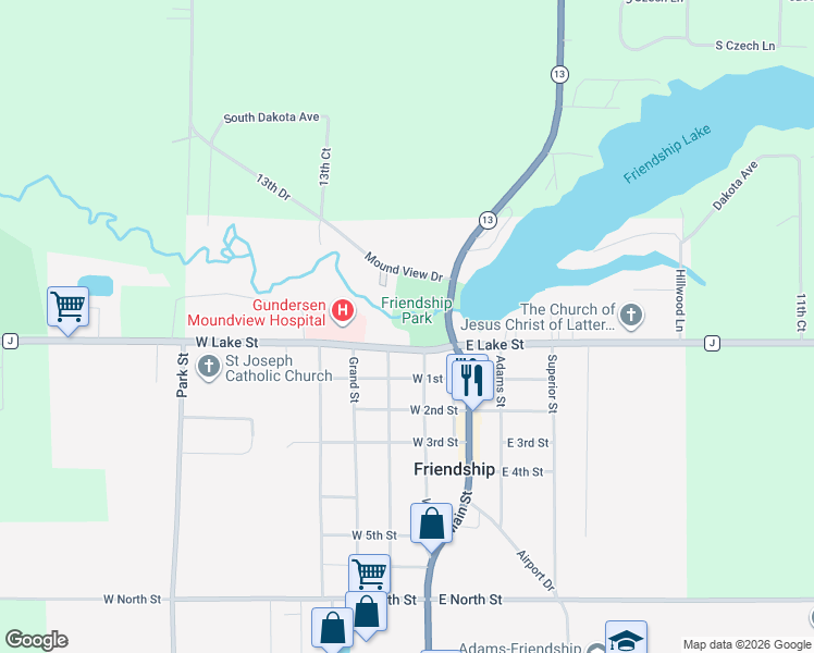 map of restaurants, bars, coffee shops, grocery stores, and more near 200 West Lake Street in Friendship