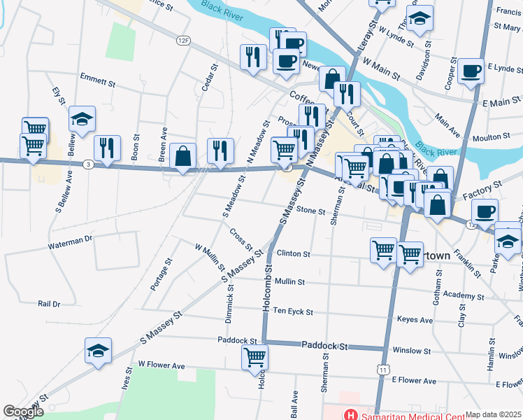 map of restaurants, bars, coffee shops, grocery stores, and more near 224 South Massey Street in Watertown