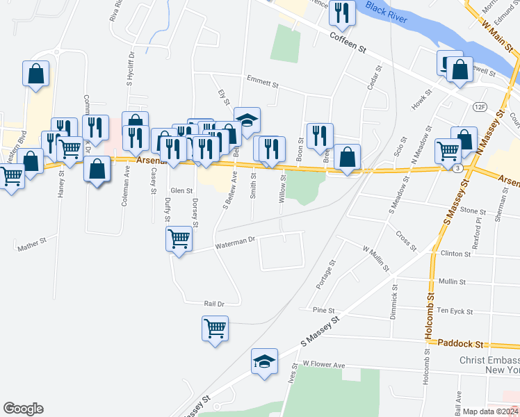 map of restaurants, bars, coffee shops, grocery stores, and more near 153 Smith Street in Watertown