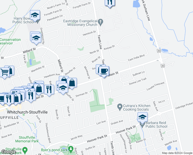 map of restaurants, bars, coffee shops, grocery stores, and more near 6710 Main Street in Whitchurch-Stouffville