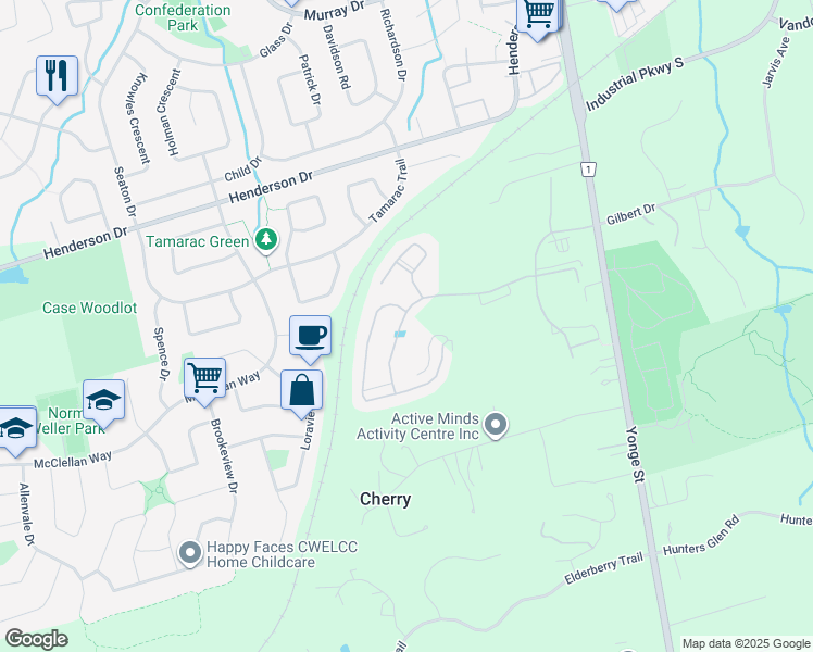 map of restaurants, bars, coffee shops, grocery stores, and more near 71 Woodhaven Avenue in Aurora