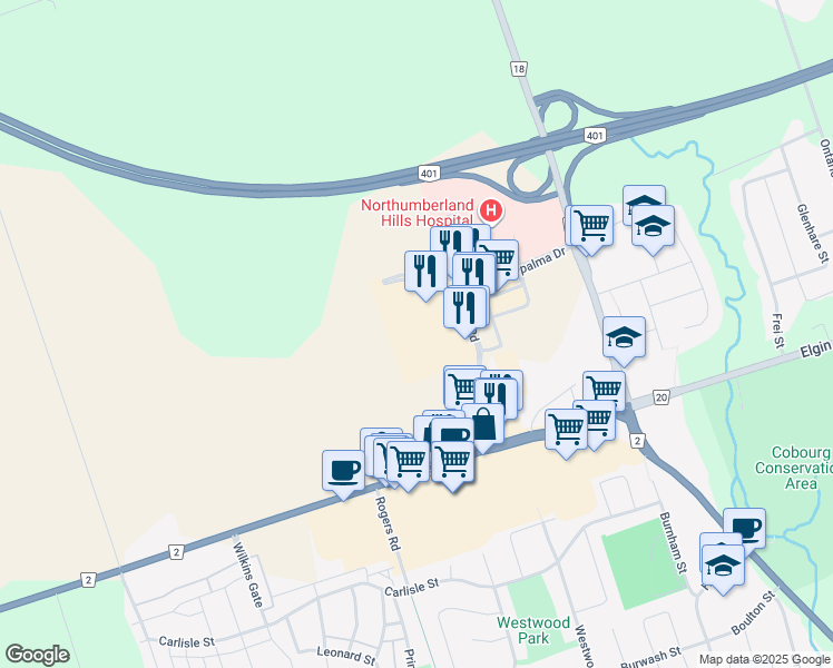 map of restaurants, bars, coffee shops, grocery stores, and more near Depalma Drive in Cobourg
