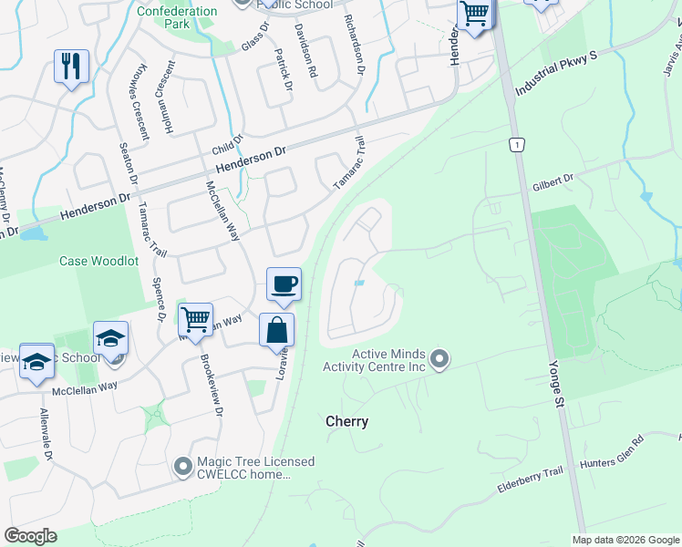 map of restaurants, bars, coffee shops, grocery stores, and more near 39 Pine Hill Crescent in Aurora