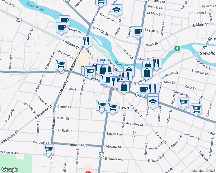 map of restaurants, bars, coffee shops, grocery stores, and more near 11 Public Square in Watertown