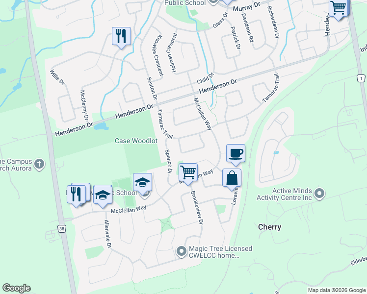 map of restaurants, bars, coffee shops, grocery stores, and more near 48 Beatty Crescent in Aurora
