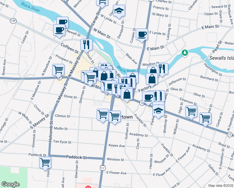 map of restaurants, bars, coffee shops, grocery stores, and more near 37 New York State Bicycle Route 11 in Watertown
