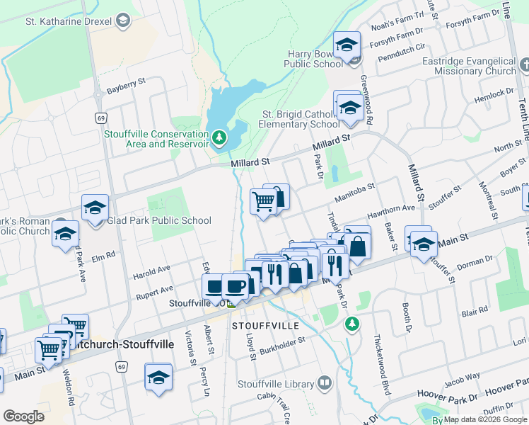 map of restaurants, bars, coffee shops, grocery stores, and more near 25 Frederick Street in Whitchurch-Stouffville