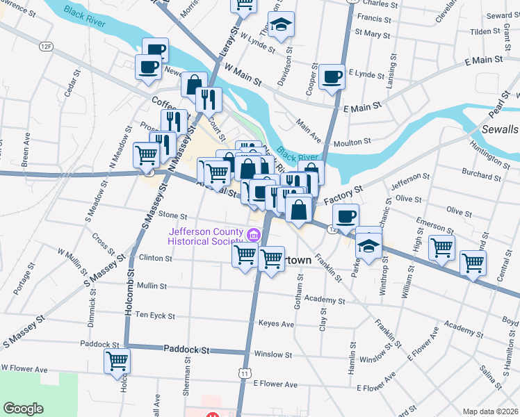 map of restaurants, bars, coffee shops, grocery stores, and more near 105 Court Street in Watertown