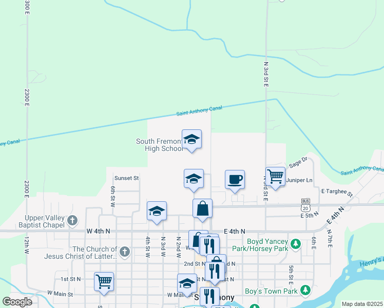 map of restaurants, bars, coffee shops, grocery stores, and more near 855 North Bridge Street in Saint Anthony