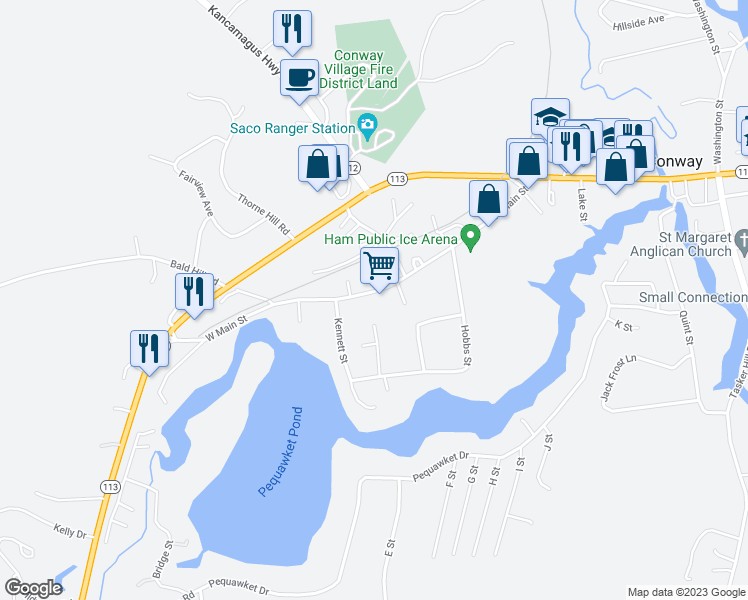 map of restaurants, bars, coffee shops, grocery stores, and more near 203 West Main Street in Conway