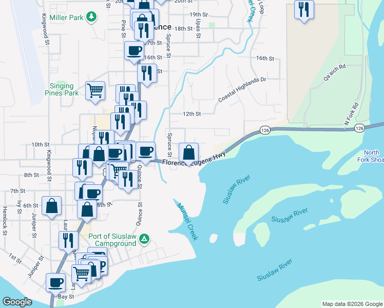 map of restaurants, bars, coffee shops, grocery stores, and more near 2178 10th Street in Florence
