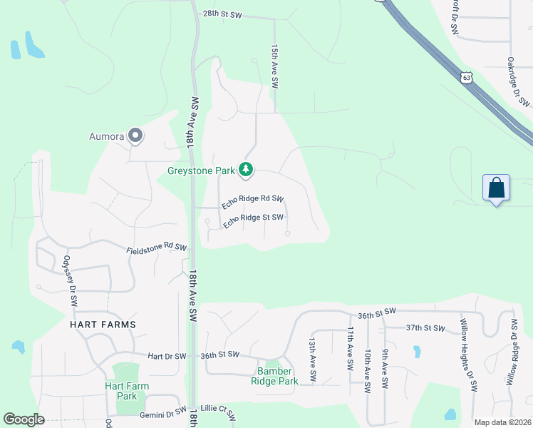 map of restaurants, bars, coffee shops, grocery stores, and more near 1586 Echo Ridge Road Southwest in Rochester
