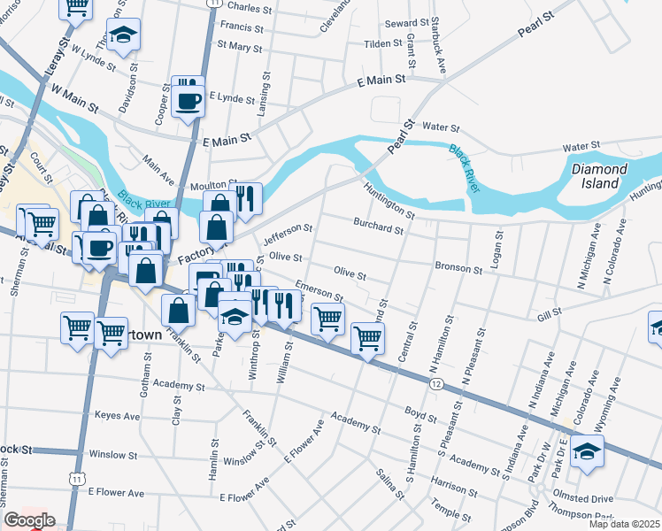 map of restaurants, bars, coffee shops, grocery stores, and more near 616 Bronson Street in Watertown