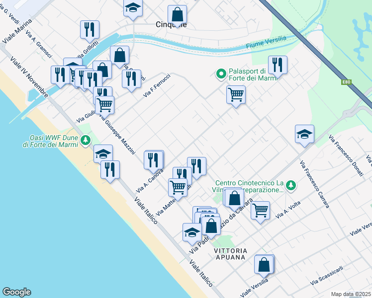 map of restaurants, bars, coffee shops, grocery stores, and more near 77 Via A. Canova in Forte dei Marmi