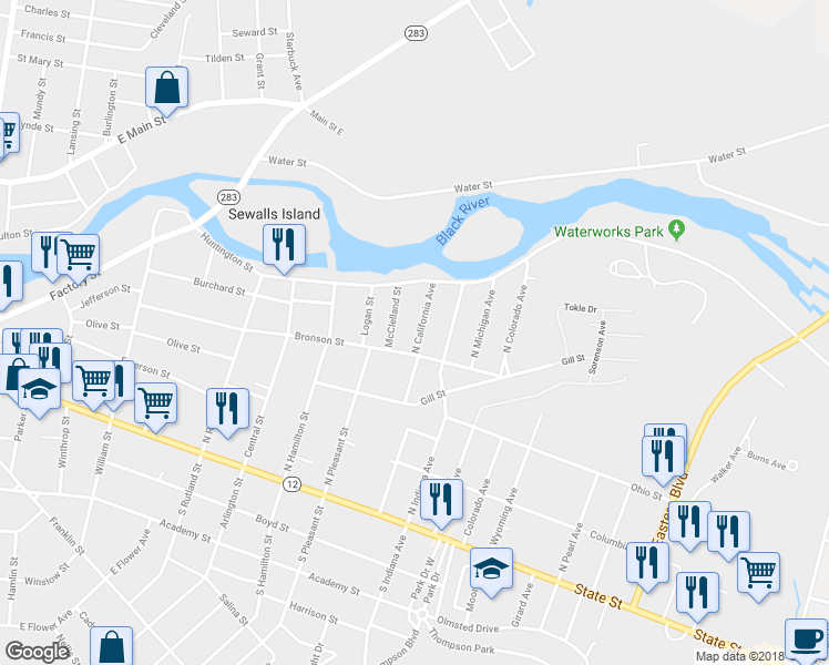map of restaurants, bars, coffee shops, grocery stores, and more near 315 North California Avenue in Watertown
