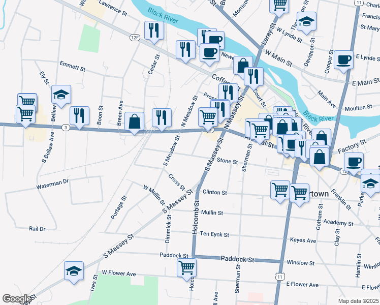 map of restaurants, bars, coffee shops, grocery stores, and more near 124 South Orchard Street in Watertown