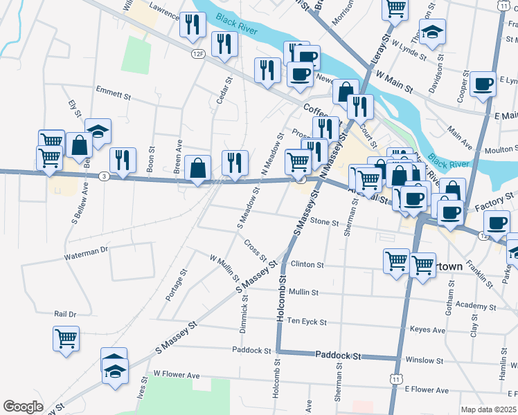 map of restaurants, bars, coffee shops, grocery stores, and more near 123 South Meadow Street in Watertown