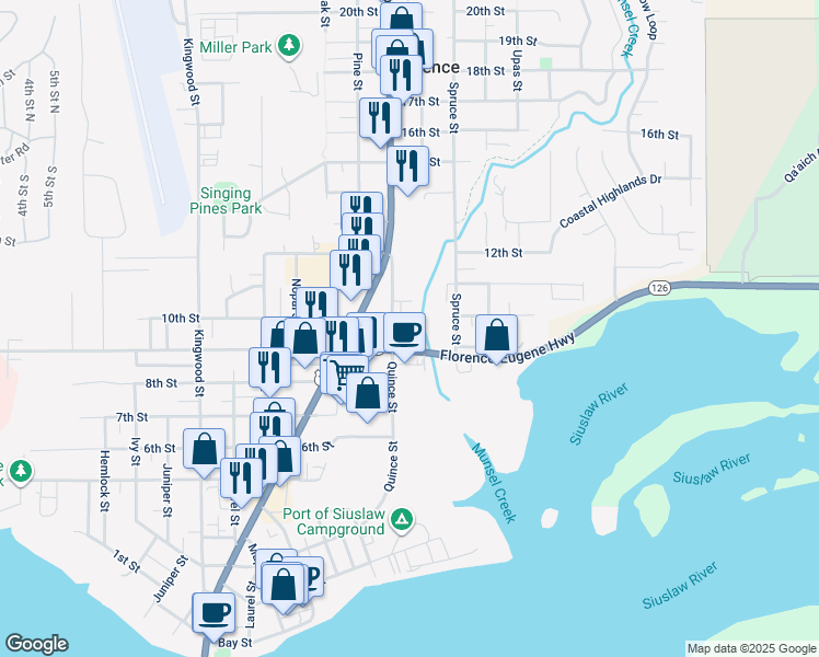 map of restaurants, bars, coffee shops, grocery stores, and more near 1827 10th Street in Florence