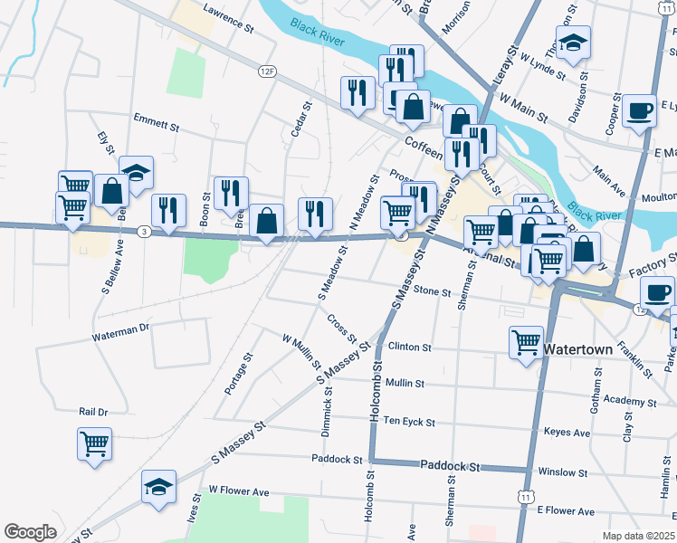 map of restaurants, bars, coffee shops, grocery stores, and more near 123 South Meadow Street in Watertown