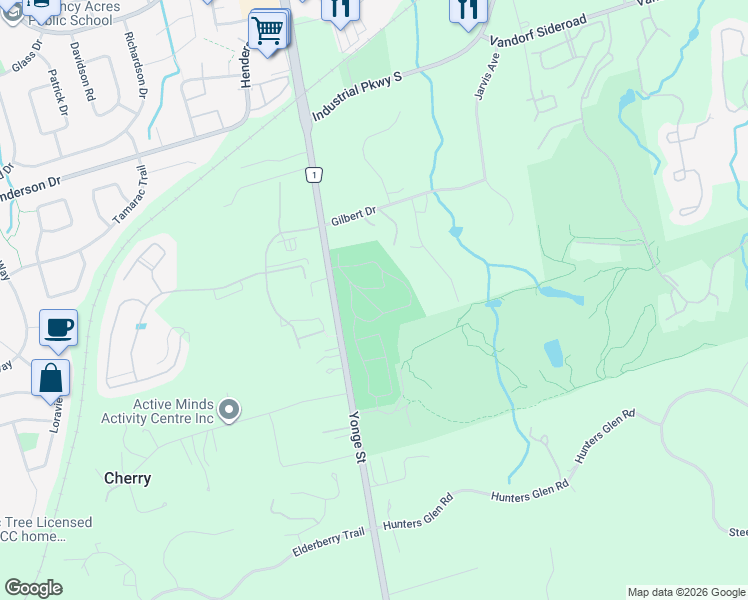 map of restaurants, bars, coffee shops, grocery stores, and more near 14253 Yonge Street in Aurora