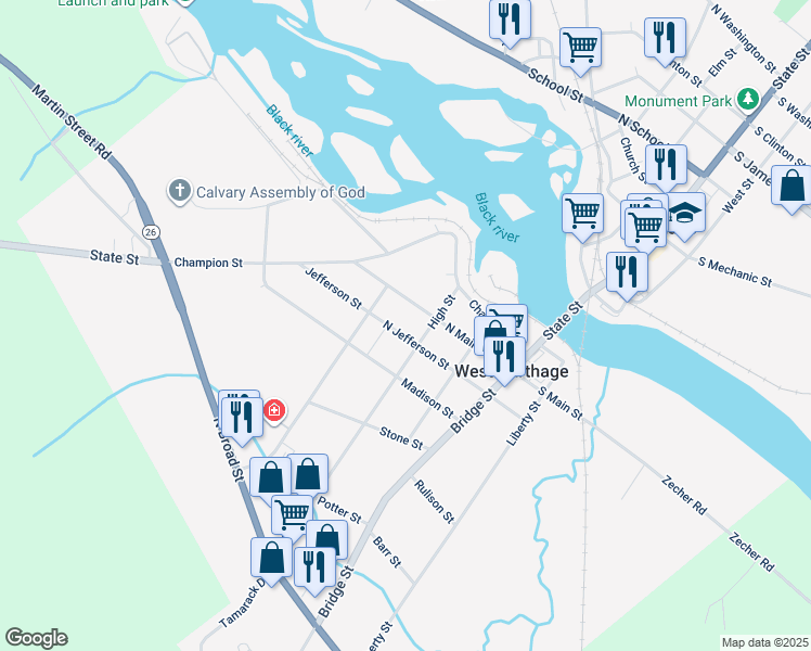 map of restaurants, bars, coffee shops, grocery stores, and more near 26 N Jefferson St in Carthage