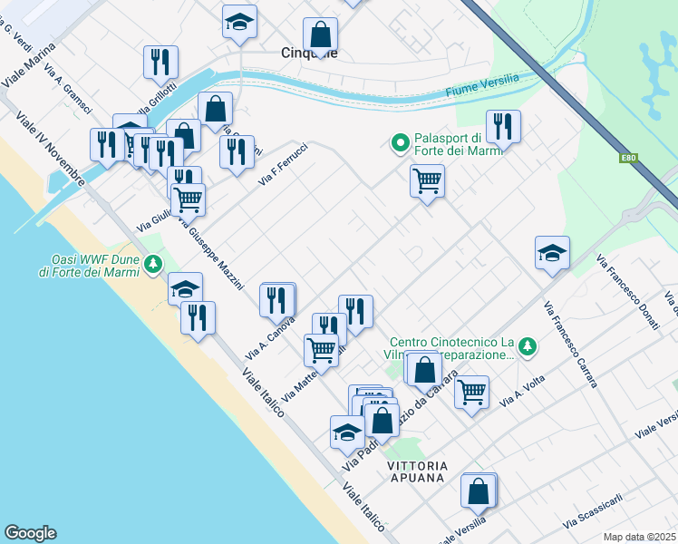 map of restaurants, bars, coffee shops, grocery stores, and more near 77 Via A. Canova in Forte dei Marmi