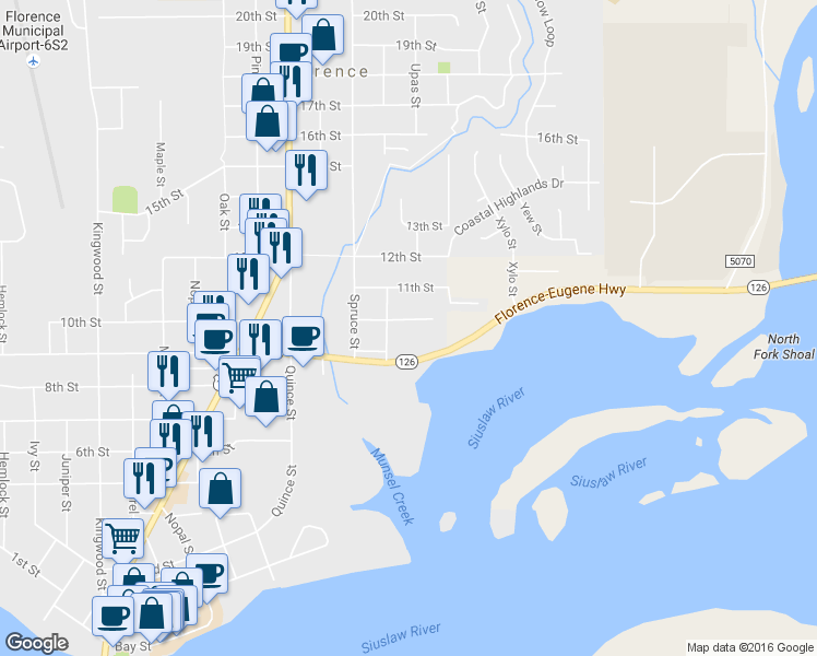 map of restaurants, bars, coffee shops, grocery stores, and more near 2178 10th Street in Florence