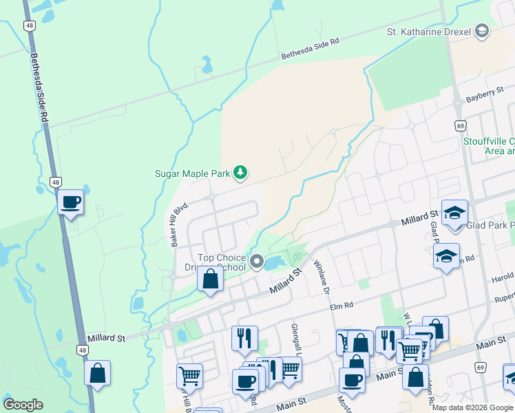 map of restaurants, bars, coffee shops, grocery stores, and more near 34 Buttonleaf Crescent in Whitchurch-Stouffville