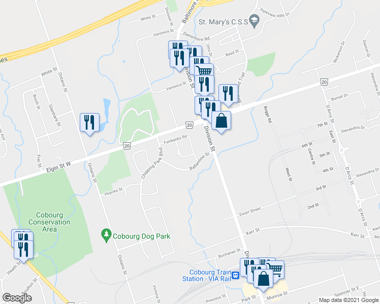 map of restaurants, bars, coffee shops, grocery stores, and more near 903 Fairbanks Road in Cobourg