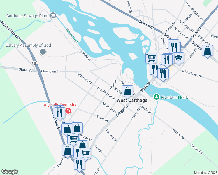 map of restaurants, bars, coffee shops, grocery stores, and more near 30 North Main Street in Carthage