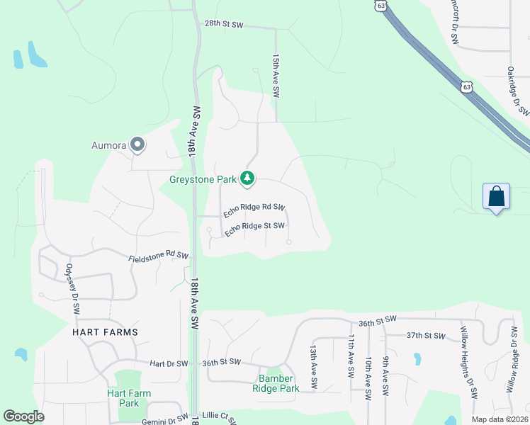 map of restaurants, bars, coffee shops, grocery stores, and more near 1586 Echo Ridge Road Southwest in Rochester