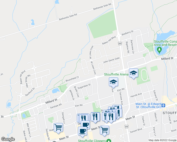 map of restaurants, bars, coffee shops, grocery stores, and more near Andrew Green Crescent in Whitchurch-Stouffville