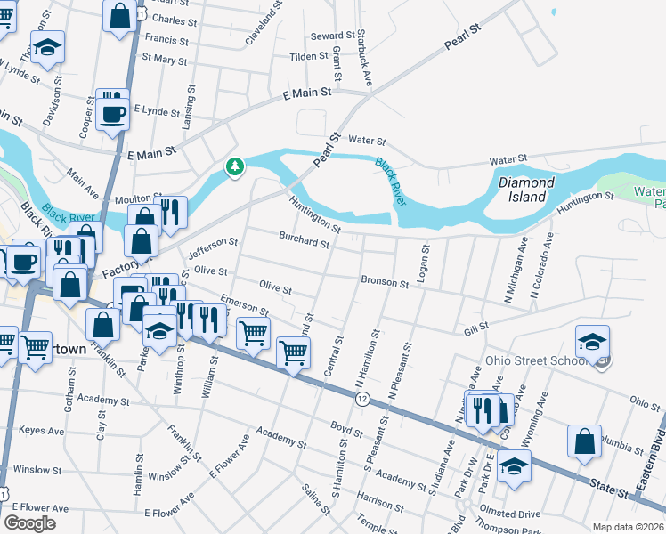 map of restaurants, bars, coffee shops, grocery stores, and more near M20 Central Street in Watertown