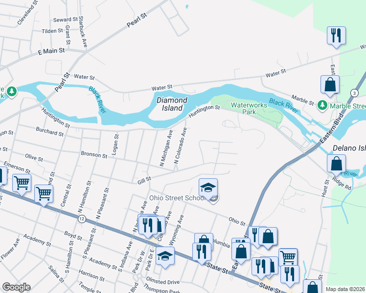 map of restaurants, bars, coffee shops, grocery stores, and more near 356 North Colorado Avenue in Watertown