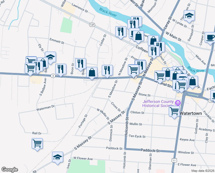 map of restaurants, bars, coffee shops, grocery stores, and more near 520 Stone Street in Watertown