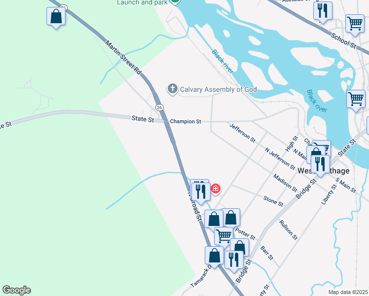 map of restaurants, bars, coffee shops, grocery stores, and more near 38 North Broad Street in Carthage