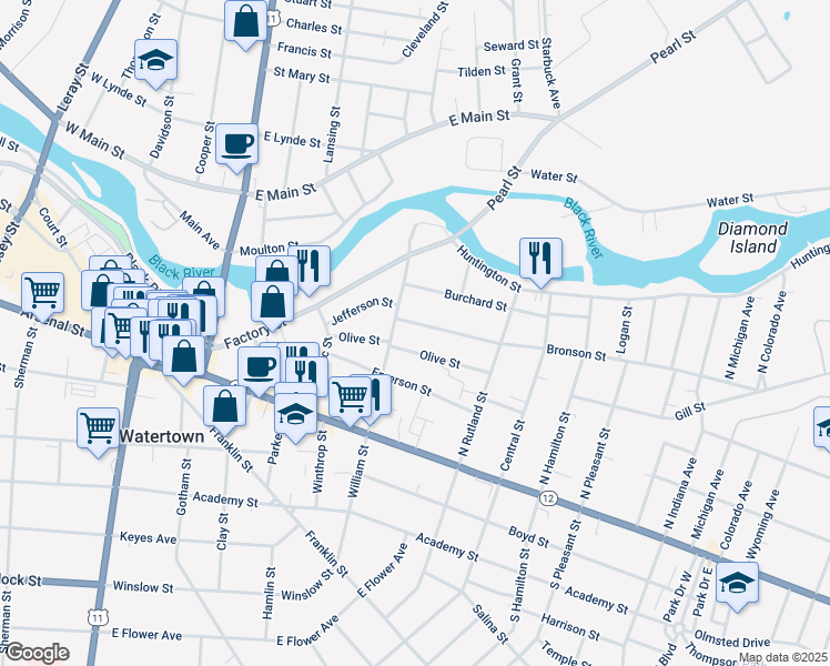 map of restaurants, bars, coffee shops, grocery stores, and more near 616 Bronson Street in Watertown
