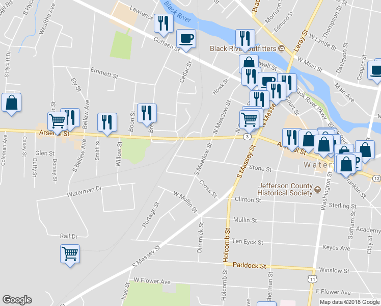 map of restaurants, bars, coffee shops, grocery stores, and more near 520 Stone Street in Watertown