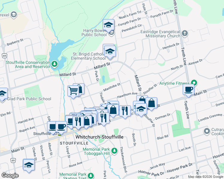 map of restaurants, bars, coffee shops, grocery stores, and more near 126 Manitoba Street in Whitchurch-Stouffville