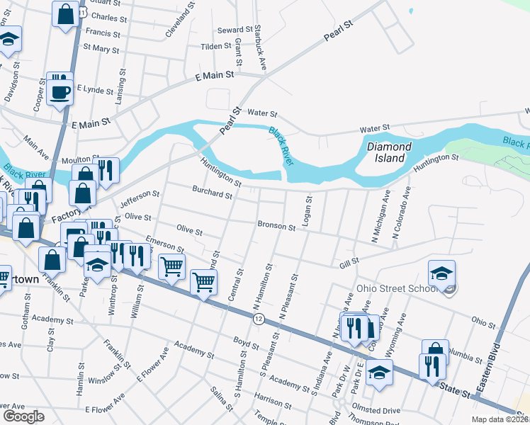 map of restaurants, bars, coffee shops, grocery stores, and more near 926 Remington Street in Watertown