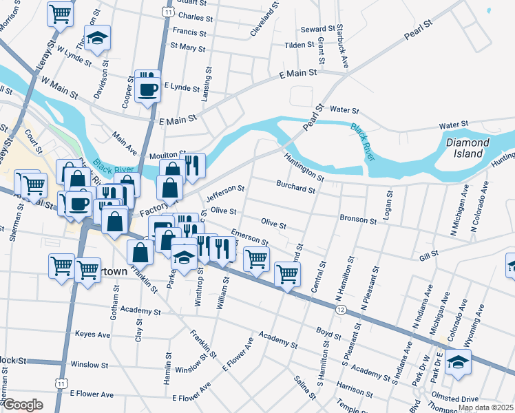 map of restaurants, bars, coffee shops, grocery stores, and more near 616 Bronson Street in Watertown
