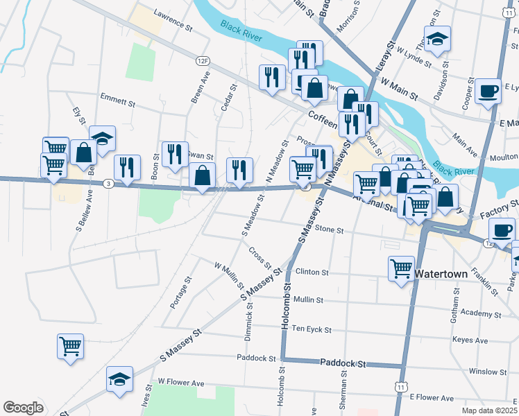 map of restaurants, bars, coffee shops, grocery stores, and more near 123 S Meadow St in Watertown