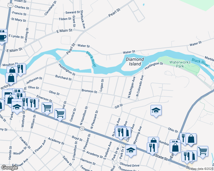 map of restaurants, bars, coffee shops, grocery stores, and more near 325 McClelland Street in Watertown