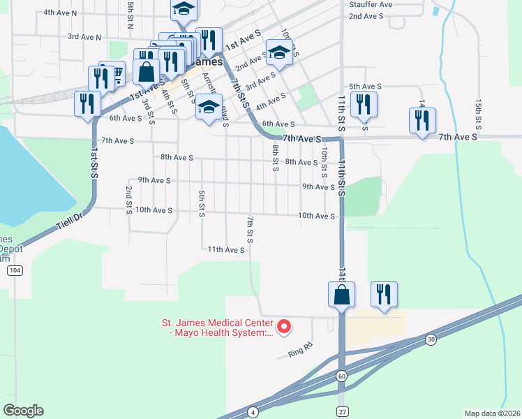 map of restaurants, bars, coffee shops, grocery stores, and more near 708 10th Avenue South in Saint James