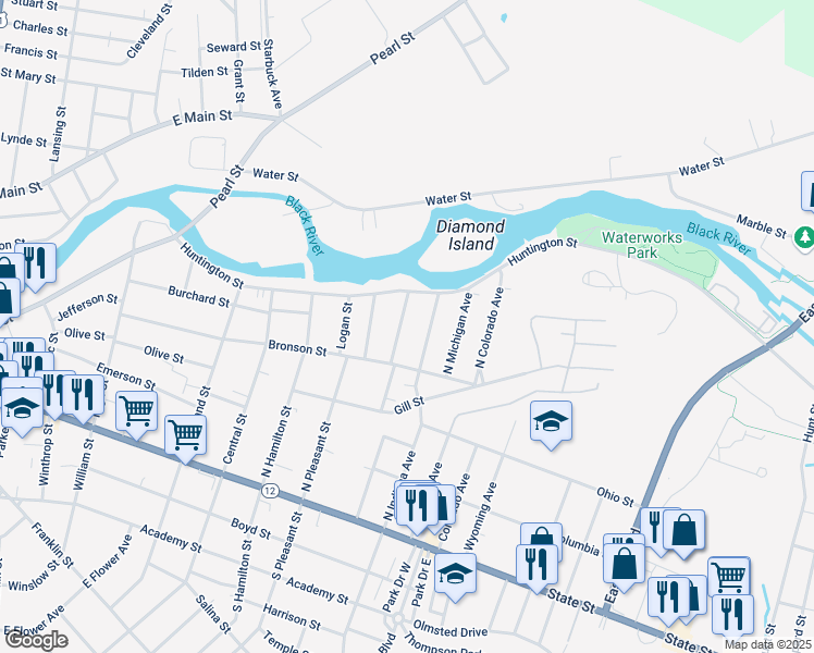 map of restaurants, bars, coffee shops, grocery stores, and more near 326 North California Avenue in Watertown