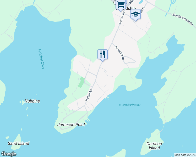map of restaurants, bars, coffee shops, grocery stores, and more near 126 Harbor Rd in Friendship
