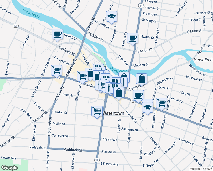 map of restaurants, bars, coffee shops, grocery stores, and more near 122 Court Street in Watertown