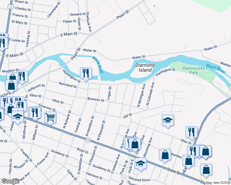 map of restaurants, bars, coffee shops, grocery stores, and more near 325 McClelland Street in Watertown